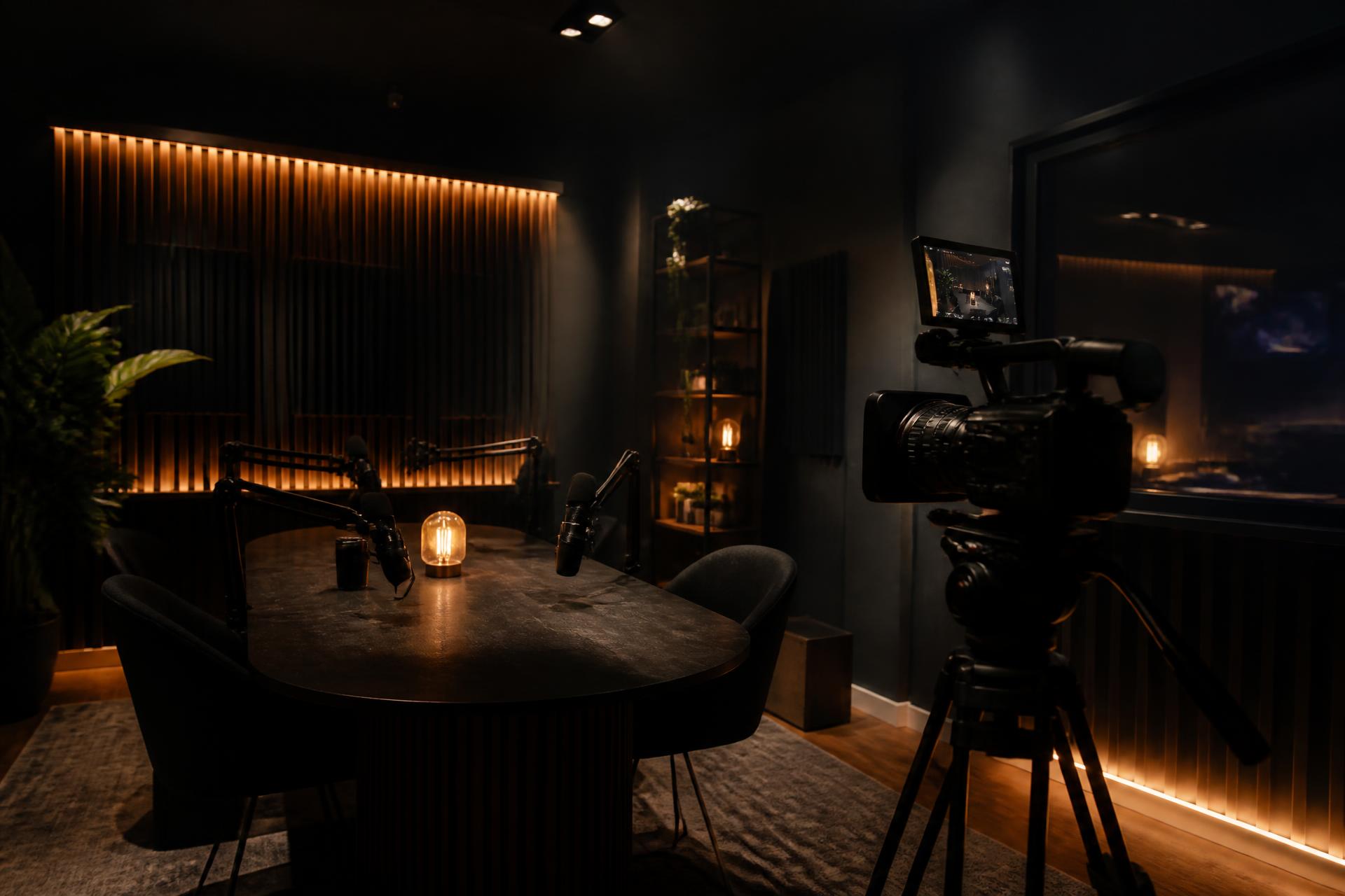 Interior do Studio Panorama.rec com sofá, iluminação e set de gravação